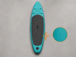 Mani con guanti che controllano un piccolo foro e una toppa su un SUP turchese